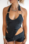 Enigma distressed asymmetric halter