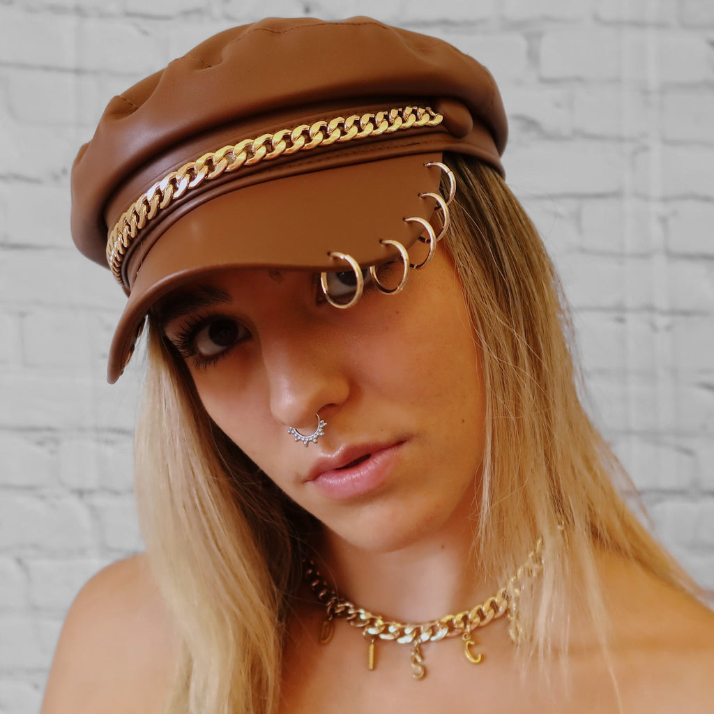 Chocolate Gold Faux Leather Fisherman Cap